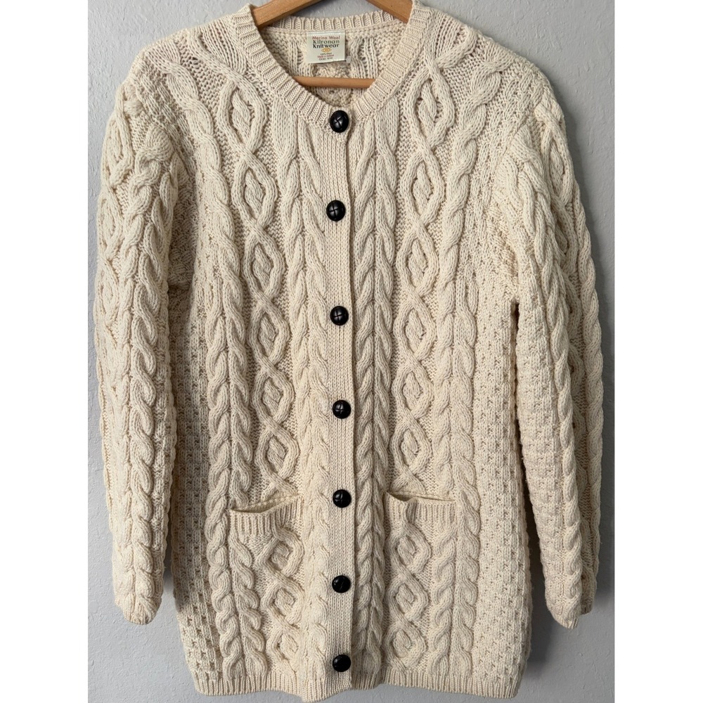 Kilronan Knitwear Womens Merino Wool Cable Knit Aran Cardigan L Ivory Ireland